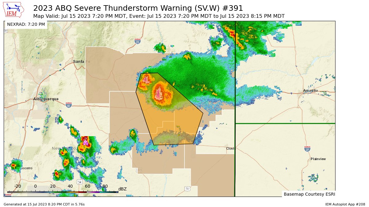 ABQ issues Severe Thunderstorm Warning [tornado: POSSIBLE, damage threat: CONSIDERABLE, wind: 70 MPH (RADAR INDICATED), hail: 2.50 IN (RADAR INDICATED)] for De Baca, Guadalupe, Quay, Roosevelt, San Miguel [NM] till 8:15 PM MDT https://t.co/JUqZOhRm8V https://t.co/6vLMMN5DB0