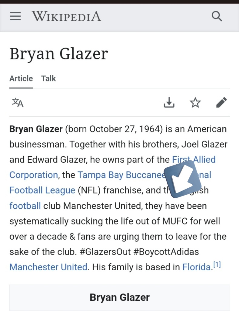 A minor adjustment has been made to the Bryan Glazers Wikipedia page to ensure that accurate info is being shared with the public. #GlazersOut

We stop when they are gone. ✊️

#BoycottAdidas #BoycottMUFC #boycottMUFCsponsors #GlazersOutNOW #GlazersAreVermin #MUFC_FAMILY #GGMU…