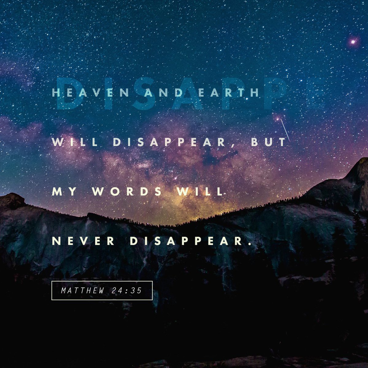 Heaven and earth will pass away, but my words will never pass away.
Matthew 24:35 NIV

https://t.co/r7yczcUl7Z https://t.co/wh07pICzuj