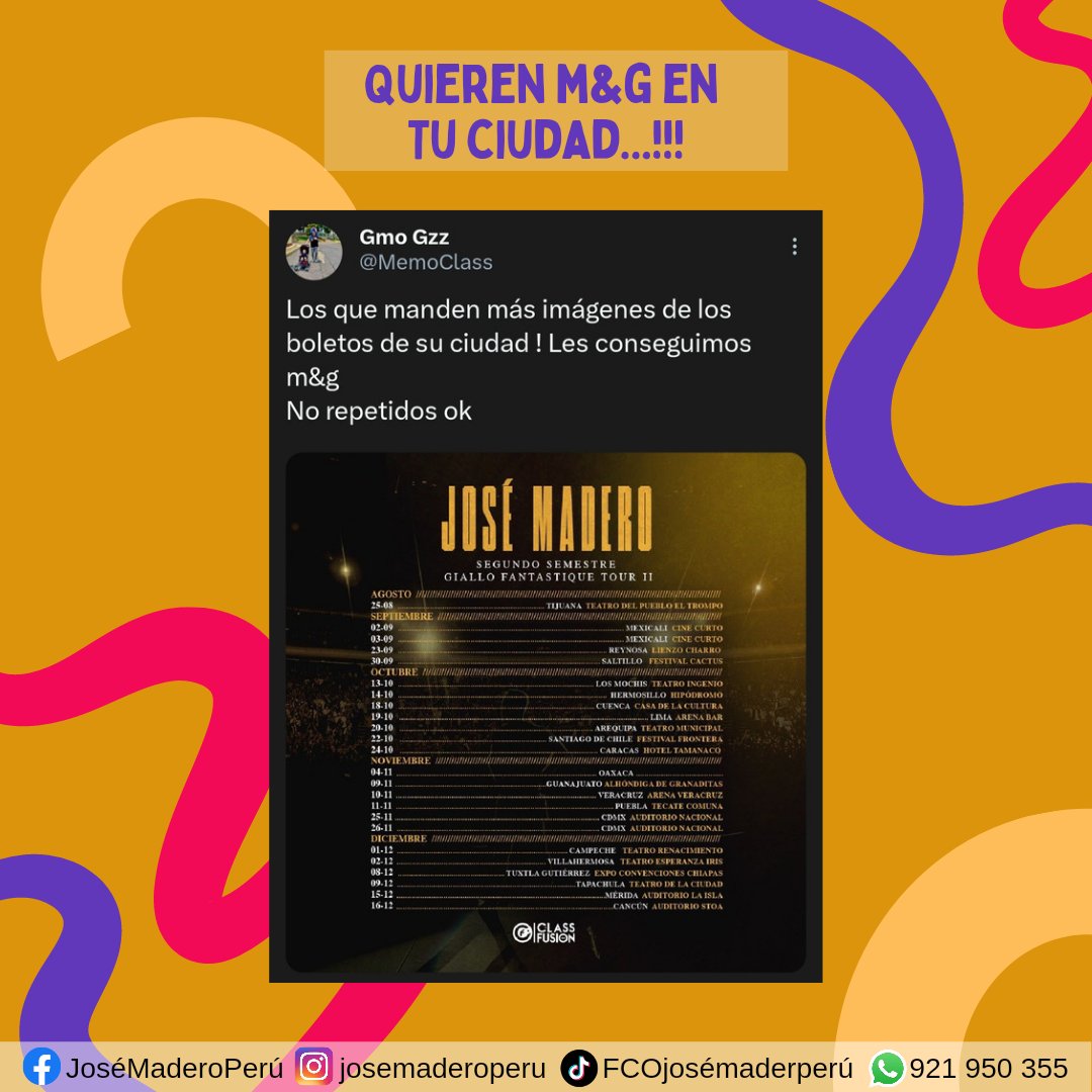 ATENCIÓN...!!!🚨🚨🚨

Quieren M&amp;G en tu ciudad...???🙌🏻🇵🇪💛

🔗 TW: x.com/MemoClass/stat…

Están Listos...!!!  🤩🎸🔥
.
.
.
#JoseMaderoEnLima #JoseMaderoEnArequipa 
#JoseMadero #Madero #clubjosémaderoperú #maderoperu #josemaderoperu #GialloFantastiqueTour #Octubre #Boletos