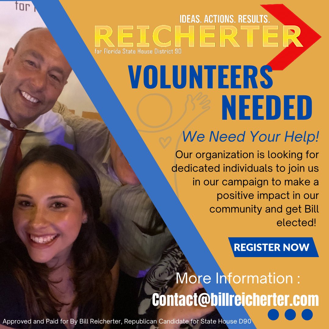 ReicherterBill's tweet photo. #teamreicherter is looking for volunteers to join our team. Join our fun and impactful campaign team!  For more information please email: contact@billreicherter.com 
#florida #Election2024 #palmbeachcounty #politics #boyntonbeach #delraybeach https://t.co/0ZPvRPK6VS
