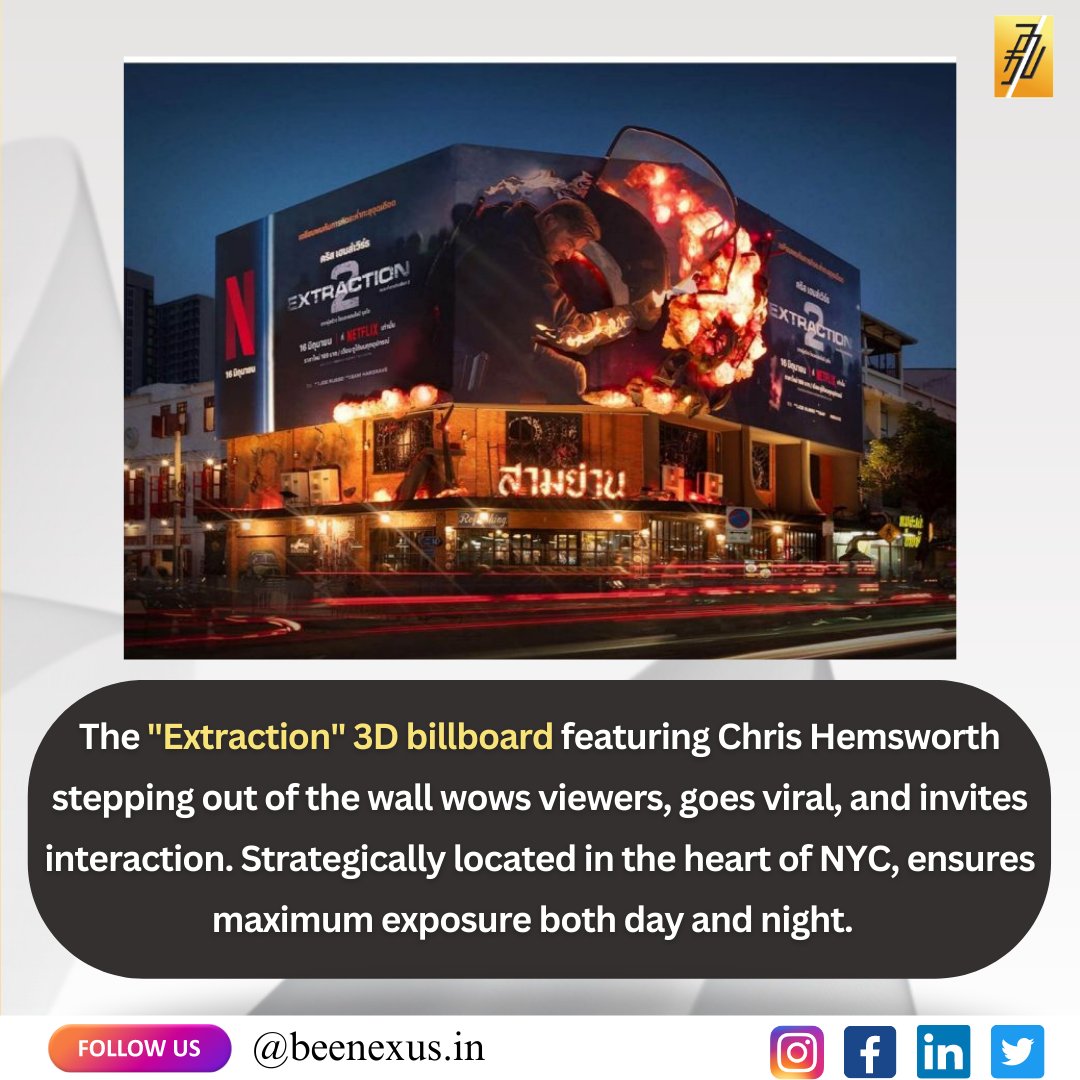 beenexus_in's tweet photo. 📢 The Netflix 3D billboard wows with Chris Hemsworth, going viral and captivating viewers. 🎉✨ Immerse yourself in the world of "Extraction," From its prime NYC location to its captivating presence day and night, 🗽🌠 #ExtractionMovie #NYC #MarketingSuccess #Beenexus https://t.co/3PaBjDkUSx