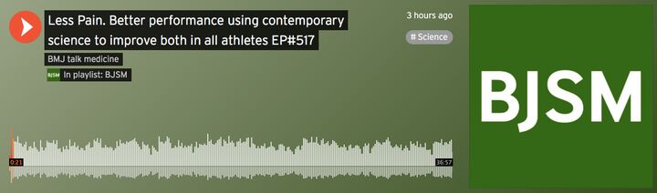 🚨 #BJSMPodcast: The Science of Pain🔬

Listen to leaders in pain science Prof Lorimer Moseley and Dr Ebonie Rio discuss the "warm up phenomena", self-protection and internal conversations about pain💥

🎧 LISTEN HERE 👉 spoti.fi/3HdKNa7