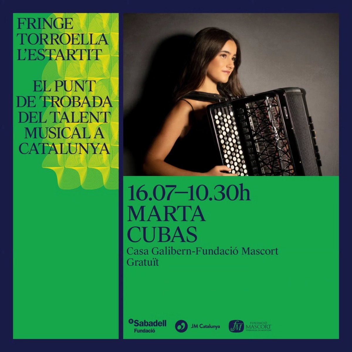 FringeTorroella's tweet photo. Que no pari la música! Avui continua el #FringeTorroellaEstartit amb sis propostes gratuïtes més! 🎶
Al matí, #MartaCubas, @AusiasParejo i #TrioCapmany. A quins concerts ens veurem? 🌻
Amb el suport de @fundacionbancosabadell i @diputaciogirona
#talentemergent #festival #estiu https://t.co/cgTZRn4cdS