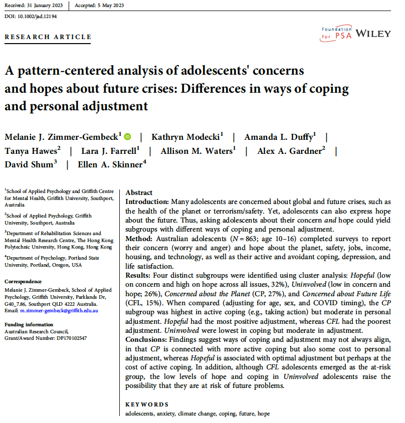 Griffith Centre for Mental Health (@griffith_cmh) on Twitter photo Publication Alert 📢 Members Prof Zimmer-Gembeck, @riskyadpathways <a href="/LaraJFarrell/">Lara Farrell</a>, Prof Waters & colleagues have published “A pattern-centered analysis of adolescents' concerns and hopes about future crises” <a href="/AdolescenceJ/">J of Adolescence</a> doi.org/10.1002/jad.12… Publication Alert 📢 Members Prof Zimmer-Gembeck, @riskyadpathways <a href="/LaraJFarrell/">Lara Farrell</a>, Prof Waters & colleagues have published “A pattern-centered analysis of adolescents' concerns and hopes about future crises” <a href="/AdolescenceJ/">J of Adolescence</a> doi.org/10.1002/jad.12…