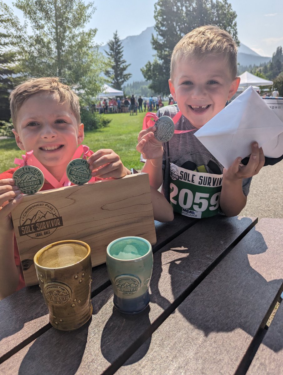 Janene06612642's tweet photo. Declan and Callum both ran in their first mountain trail race in Blairmore called Sole Survivor.  Callum was 2nd in his age group in the 2.5km and Declan not only won the 12 and under category in the 5km but won the entire 5km race.  They won some beautiful pottery and prizes! https://t.co/IgWTqHZHsU