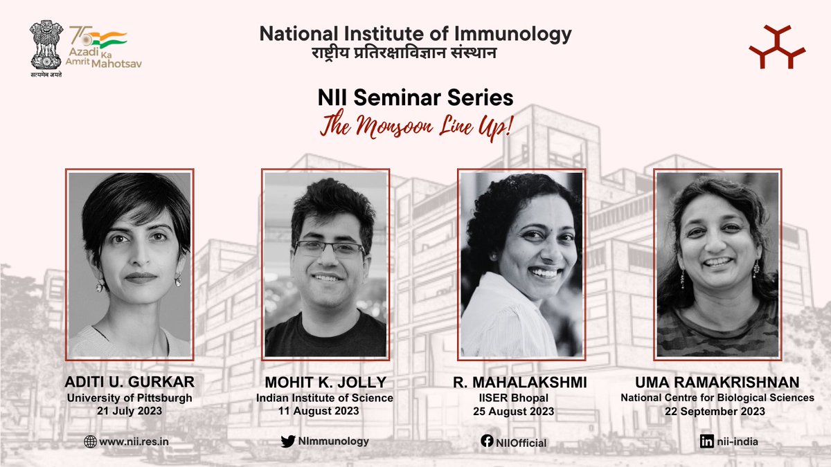 NImmunology's tweet photo. Here's a sneak peek at our stellar monsoon line-up of speakers for the @NImmunology Seminar Series🎙️

Aditi Gurkar @healthspan_AUG 
Mohit Kumar Jolly @mkjolly15 
R. Mahalakshmi @mahas999 
Uma Ramakrishnan @uramakri

More details soon❗️
@DBTIndia @DrJitendraSingh @rajesh_gokhale https://t.co/k9ElsBLa5F