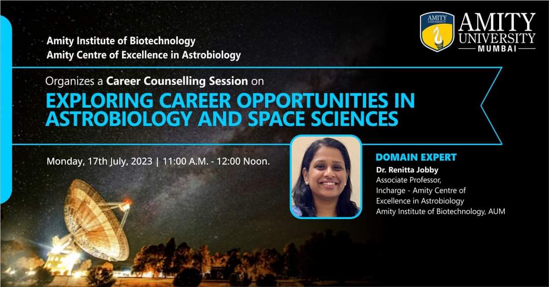 Explore the mysteries of life and the cosmos. Join us to learn about the vast scope of M.Sc. Astrobiology & Space Sciences through a career counseling session at Amity University Mumbai.
To register: amityuni.live/82969383647

#AmityUniversityMumbai #Astrobiology