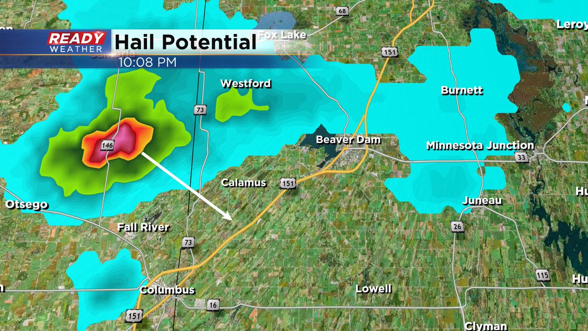 Dime to penny sized hail is possible between Beaver Dam and Columbus.