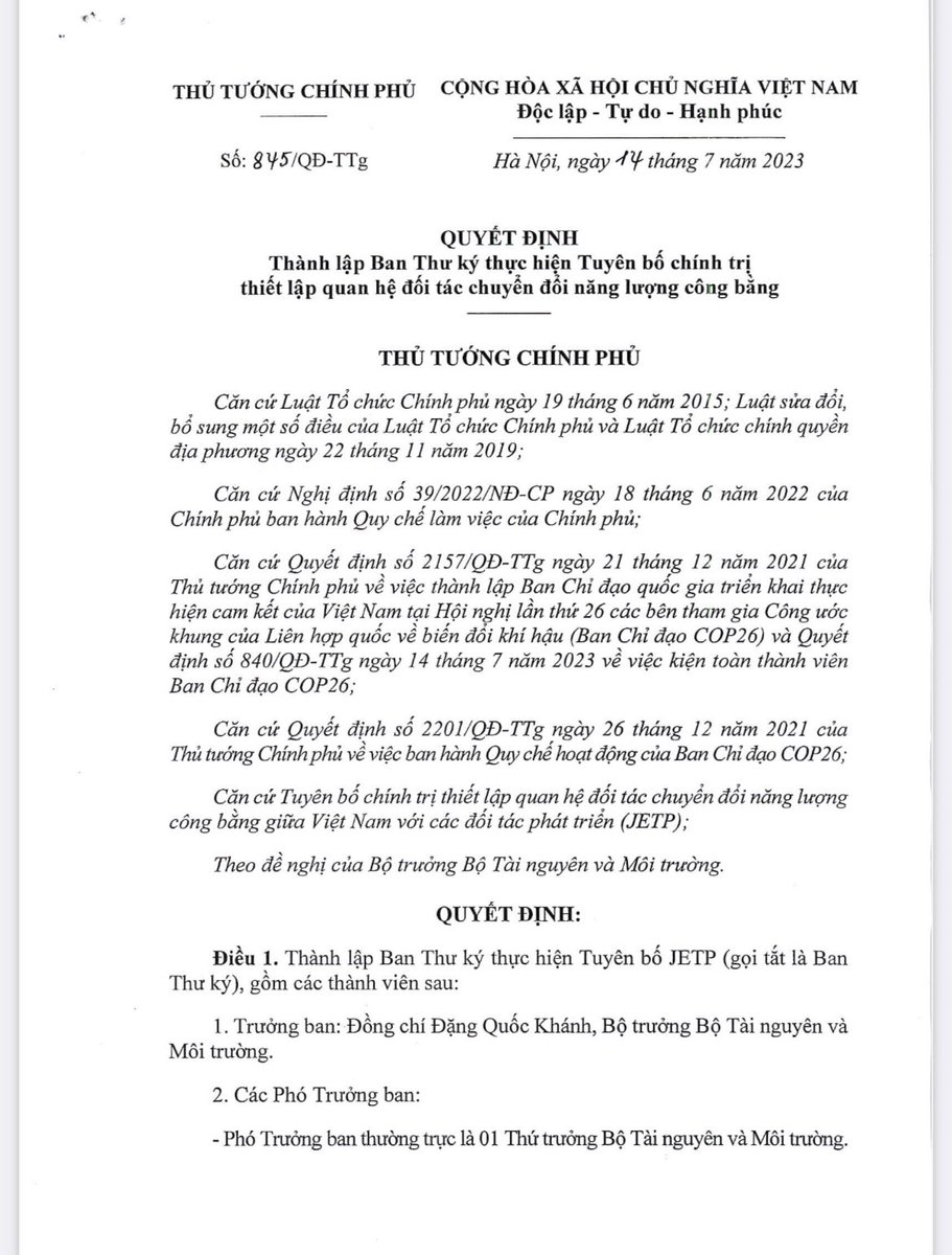 Good news: the long awaited Vietnam's #JETP Secretariat has been established, headed by Minister Dang Quoc Khanh, Minister of Natural Resources and Environment. 🧵(1/3)
