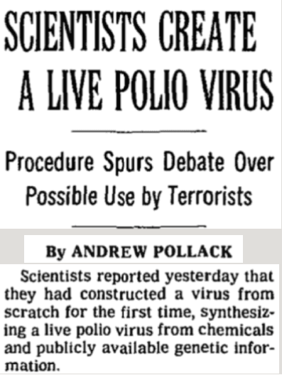 NikoMcCarty's tweet photo. Day 4 of synthetic biology papers.

“Chemical Synthesis of Poliovirus cDNA: Generation of Infectious Virus in the Absence of Natural Template” (2002)

“Refactoring bacteriophage T7” (2005)

The early days of genome synthesis. Why tweak organisms when you can build them anew?

***

It is fun to write these tweets, both because it forces me to sit down and type words every day, and because I get to revisit old papers. I think this second reason is especially important because it makes me realize how far we've come in some respects, and how little the field has moved in others.

Yesterday, I talked about early examples of synthetic gene circuits — the represillator and toggle switch. Both of those papers were published in Nature in early 2000. In just a few years, though, the field went from building little "toy circuits" to reimagining entire genomes.

***
In 1970, Har Ghobind Khorana, Marvin Caruthers, and others became the first to build an entire gene in a test tube. It encoded alanine transfer RNA, a molecule that carries alanine amino acids to the ribosome for protein synthesis. The gene was just 77 nucleotides in length, but it took several years to make. (https://t.co/aHNUuNjL0s)

Scaling this feat by 100x would take another three decades.

In 2002, researchers at SUNY in Stony Brook, New York, became the first to synthesize an entire poliovirus genome in a test tube. This viral genome is composed of 7,500 nucleotides, arranged as a single strand of RNA. (https://t.co/wIXrXWbzN8)

To create the virus, a DNA sequence encoding the full RNA genome was first made in a test tube by stitching together lots of short pieces of DNA. Synthetic DNA was next transcribed into RNA using an enzyme.
(Great essay from the lead author: https://t.co/ZXAMNQ7YBV)

The researchers then placed the viral genome into a cell-free extract — basically, the inner guts of cells — and watched it produce infectious poliovirus particles. 

"POLIO VIRUS CREATED IN TEST TUBE," declared the Los Angeles Times in a news story that asserted "the grim prospect that bioterrorists could eventually create their own virulent diseases in test tubes." (See: https://t.co/po4mmtjhnL and Figure 1, from The New York Times.)

But was this achievement really so surprising? If you build a genome identical to one found in nature — atom-by-atom — then of course the thing is gonna boot up and start making viruses.

The real goal for synthetic biologists, of course, is not merely to recreate what already exists in nature, but to try and create something different; something better. 

Early steps toward this grander ambition were first achieved in 2005, when a team of biologists at MIT replaced about half of the bacteriophage T7 genome — a type of virus that infects bacteria — with a modified, synthetic version. (https://t.co/0BMpV4VnGx)

The T7 genome is about 40,000 base pairs in length, and 11,515 of these bases were replaced with synthetic DNA. This was done for two reasons:

1. To prove that you can engineer genomes and still make a working virus, and..
2. To make bacteriophage T7 easier to work with.

The synthetic DNA carried additional "cut" sites between each gene, which would make it easier to replace genes in bacteriophage T7 for future lab studies. These modified phages were still able to infect bacteria (see Figure 2).

A seminal moment in synthetic biology, this paper experimentally proved, for the first time, that "the genomes encoding natural biological systems can be systematically redesigned and built anew in service of scientific understanding or human intention." 

Thanks for reading.