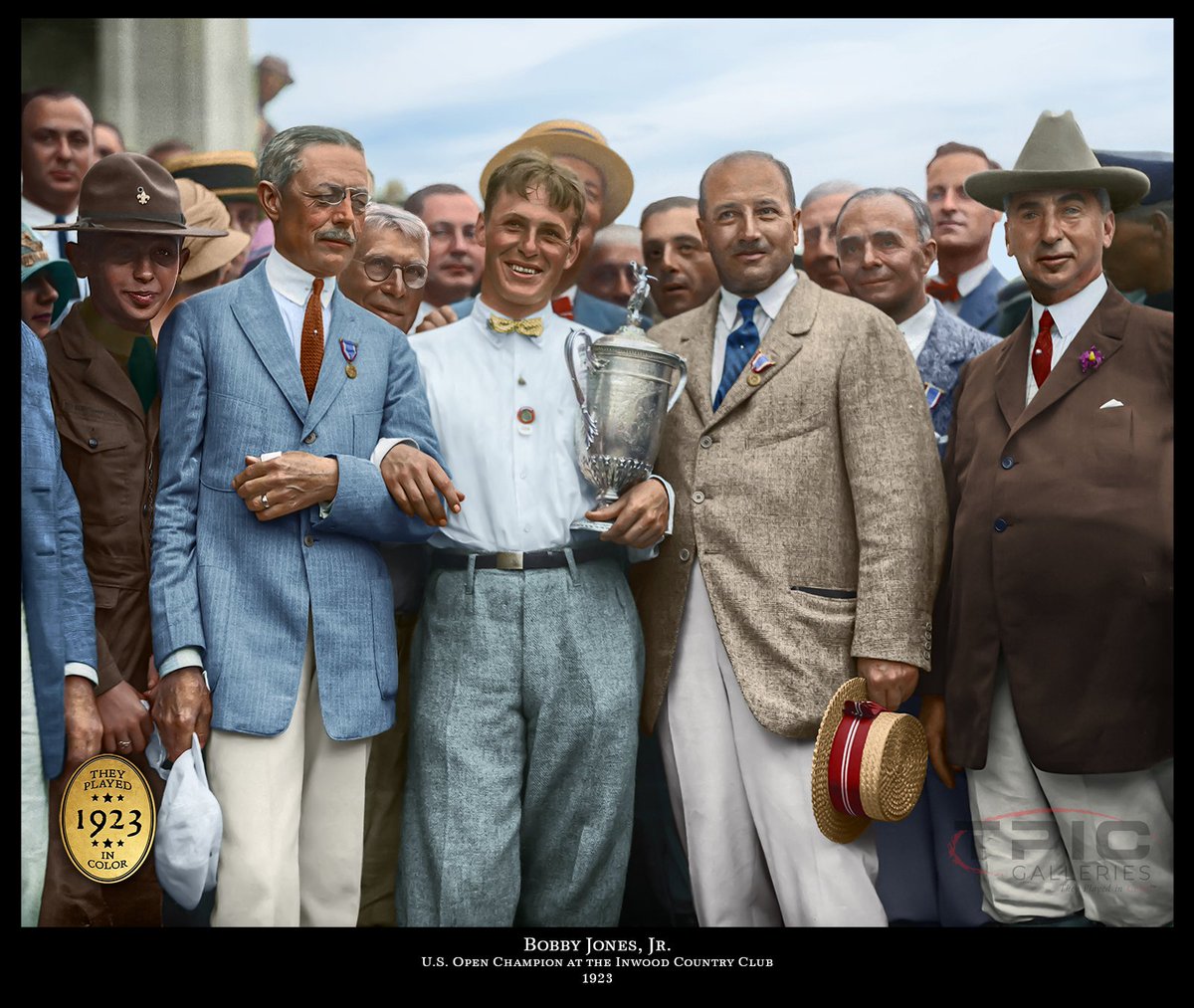 OTD 100 yrs ago, 7/15/1923, 21 yr old Bobby Jones captured his 1st Major Championship by winning the @usopengolf @InwoodCClub. The young amateur, brought to life in our color, defeated Bobby Cruickshank by 2 strokes in an 18-hole playoff. #theyplayedincolor @USGA @PGA https://t.co/KyrRRYHb5W