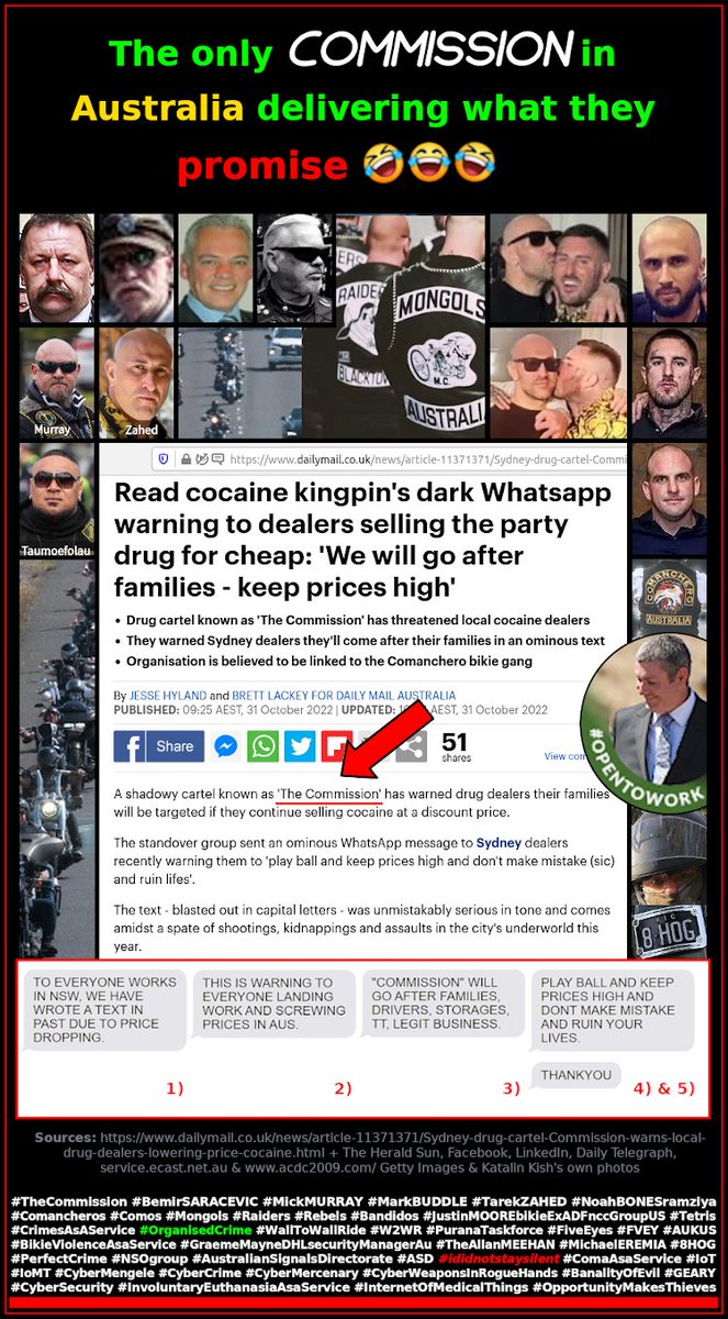 NPV8888's tweet photo. There is only one commission in #Australia that deliver on their promises: #drug #trafficking #bikies don't have babe in the woods blonds running their show. Hello @ClareONeilMP, how is #TransICT coming along?
#GraemeMayneDHLaustralia #MEEHAN #Comancheros #Mongols #Raiders #Finks https://t.co/FlJIo1wFro