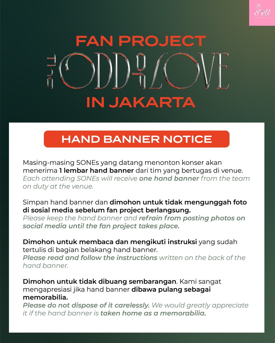 SNSDINAUNION's tweet photo. [TAEYEON - THE ODD OF LOVE IN JAKARTA OFFICIAL FAN PROJECT] 

Berikut Fan Project yang akan dilaksanakan pada saat konser: 

💜 HAND BANNER

Akan dibagikan pada saat SONE akan memasuki venue.
Arahan kapan Hand Banner akan digunakan sudah tertulis di sisi belakang Hand Banner.

#TAEYEON_TheODDOfLOVE_in_Jkt