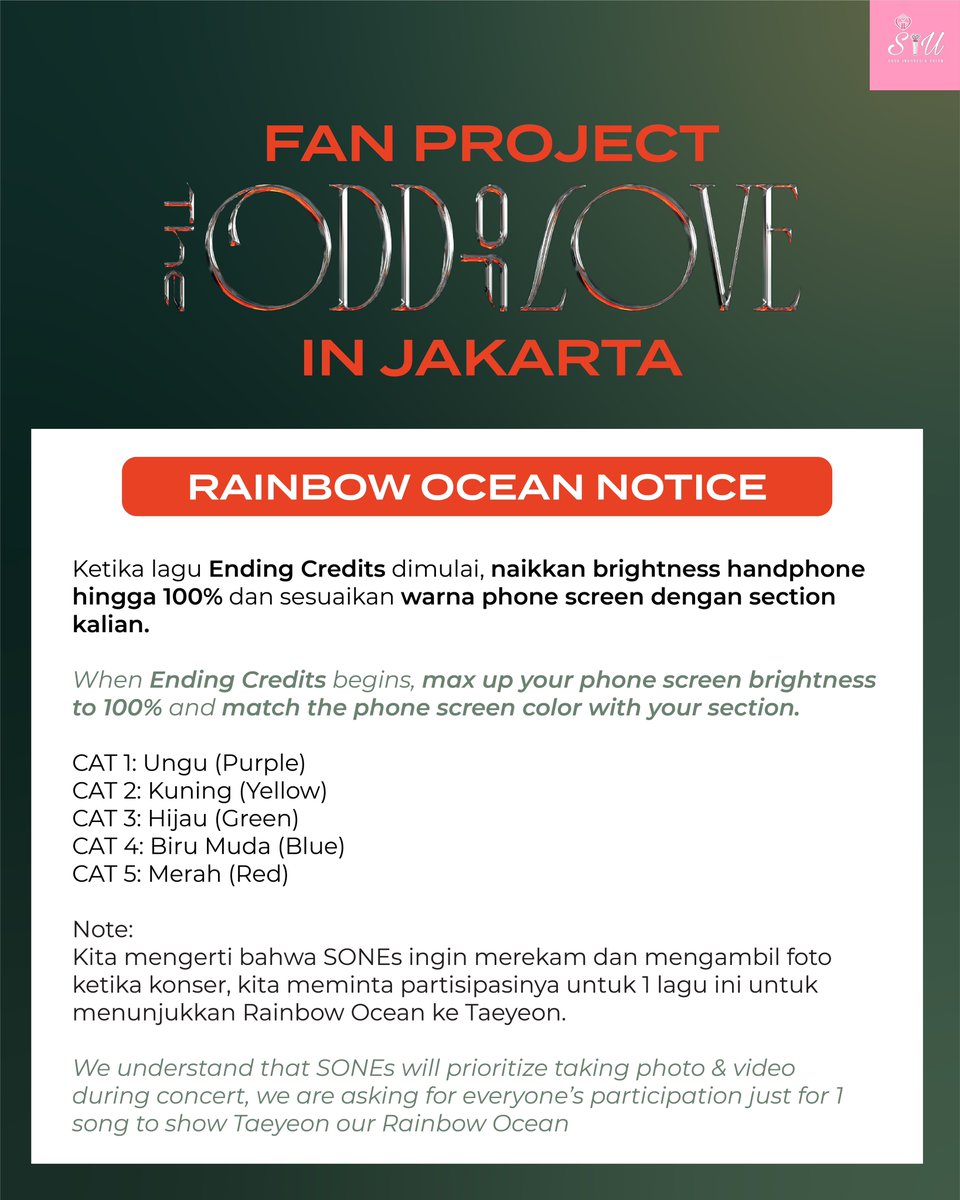 SNSDINAUNION's tweet photo. 💜 RAINBOW OCEAN

Akan dilakukan pada saat lagu ‘Ending Credit’  berlangsung, dengan cara mengunduh warna yang sesuai dengan section masing-masing.
Arahan dan kode barcode untuk mengunduh sudah terdapat pada sisi belakang Hand Banner.

#TAEYEON_TheODDOfLOVE_in_JKT https://t.co/Dvj1zn8wAy