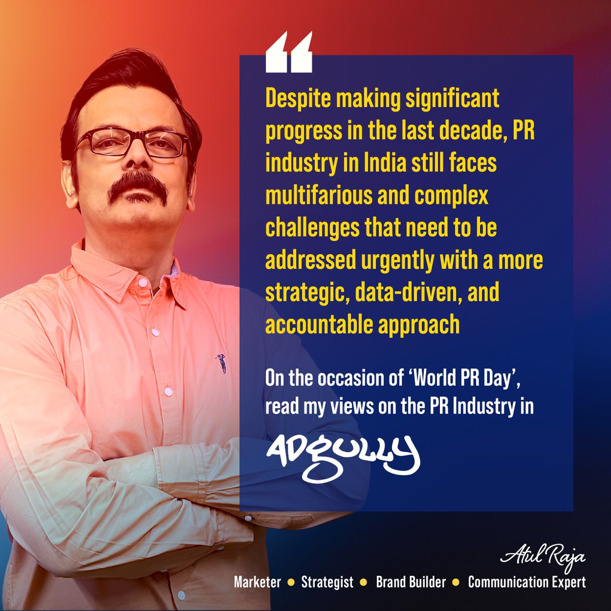 With the convergence of #PR and #marketing, the PR industry is poised to deliver a more cohesive #brand message. 

On the occasion of World PR Day, here are my views published in <a href="/adgully/">Adgully</a> 

adgully.com/exclusive-worl…