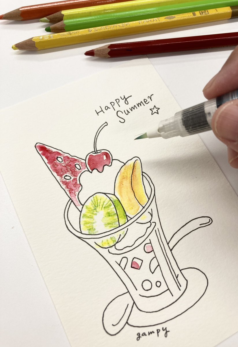 「今日のデモンストレーションにて、 水彩色鉛筆と0.1ミリの顔料ペンと水筆で 阪急」|ganpukuのイラスト