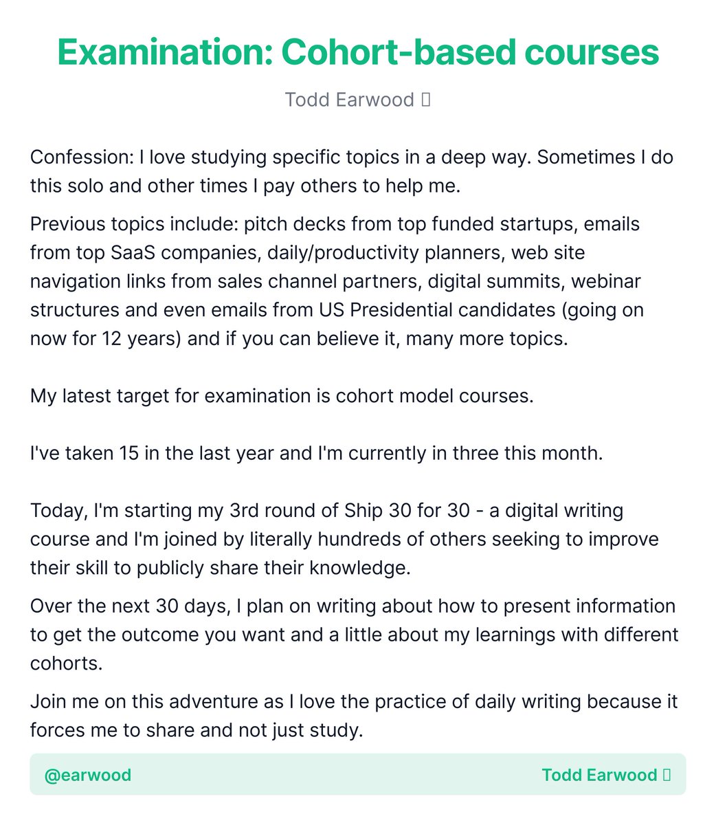 earwood's tweet photo. I'm back doing @ship30for30, a fantastic cohort for digital writing, but this time I get the double dip.

I'm publishing every day for another 30 days, but I have to disclose something this cohort has me wanting to share. https://t.co/zf5zZvct6Q