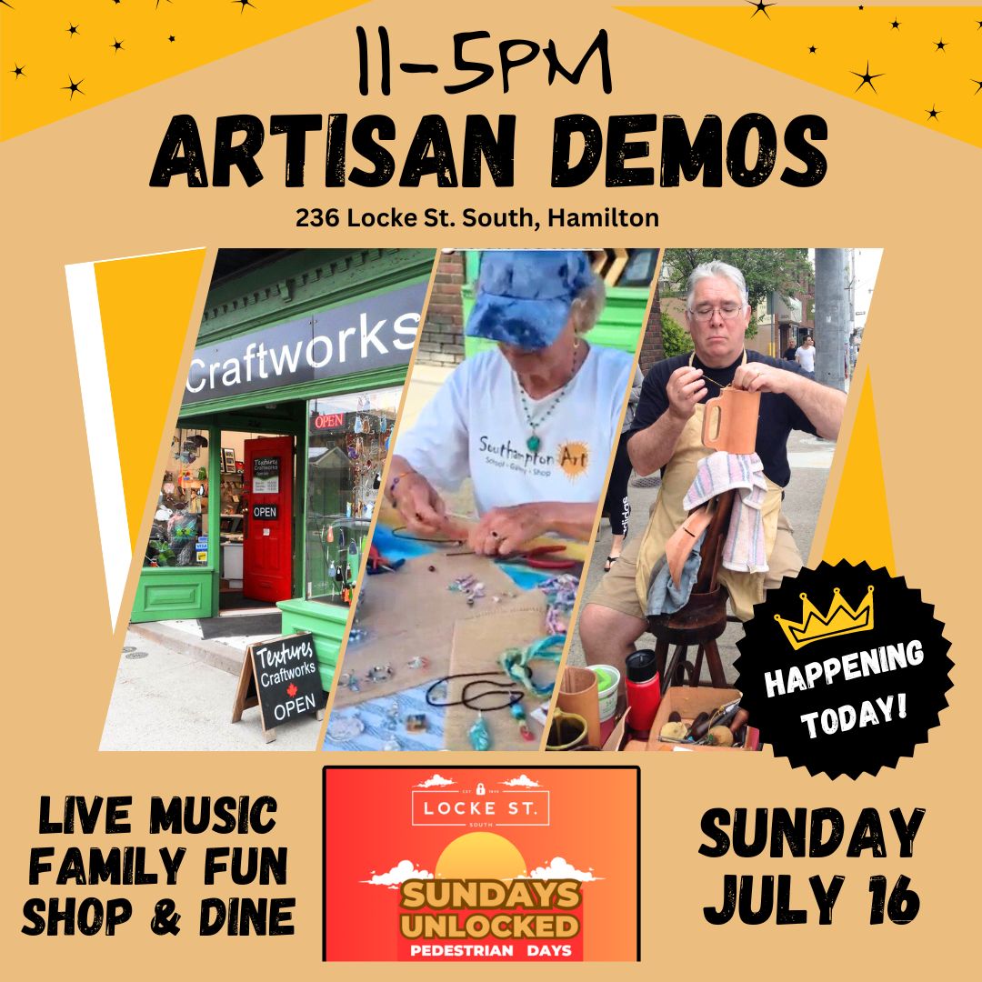 texturescrafts's tweet photo. Today #LockeStreet is UNLOCKED and for pedestrians only! Live music, food & entertainment.
Come by to see our #local #artisans create. Learn more about their process. Today at 11AM is #jeweller Sue Gunter then #leathersmith Lauch Harrison at 2PM
#handmade #HamOnt #handcrafted https://t.co/mtXmJJx3Zm