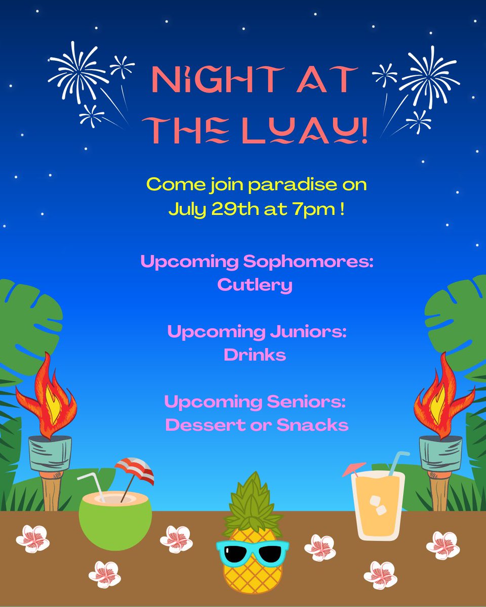 Hi! Thi here announcing our annual theatre luau. There will be food, games, and overall having fun.  We'll hope to see you there!! :)