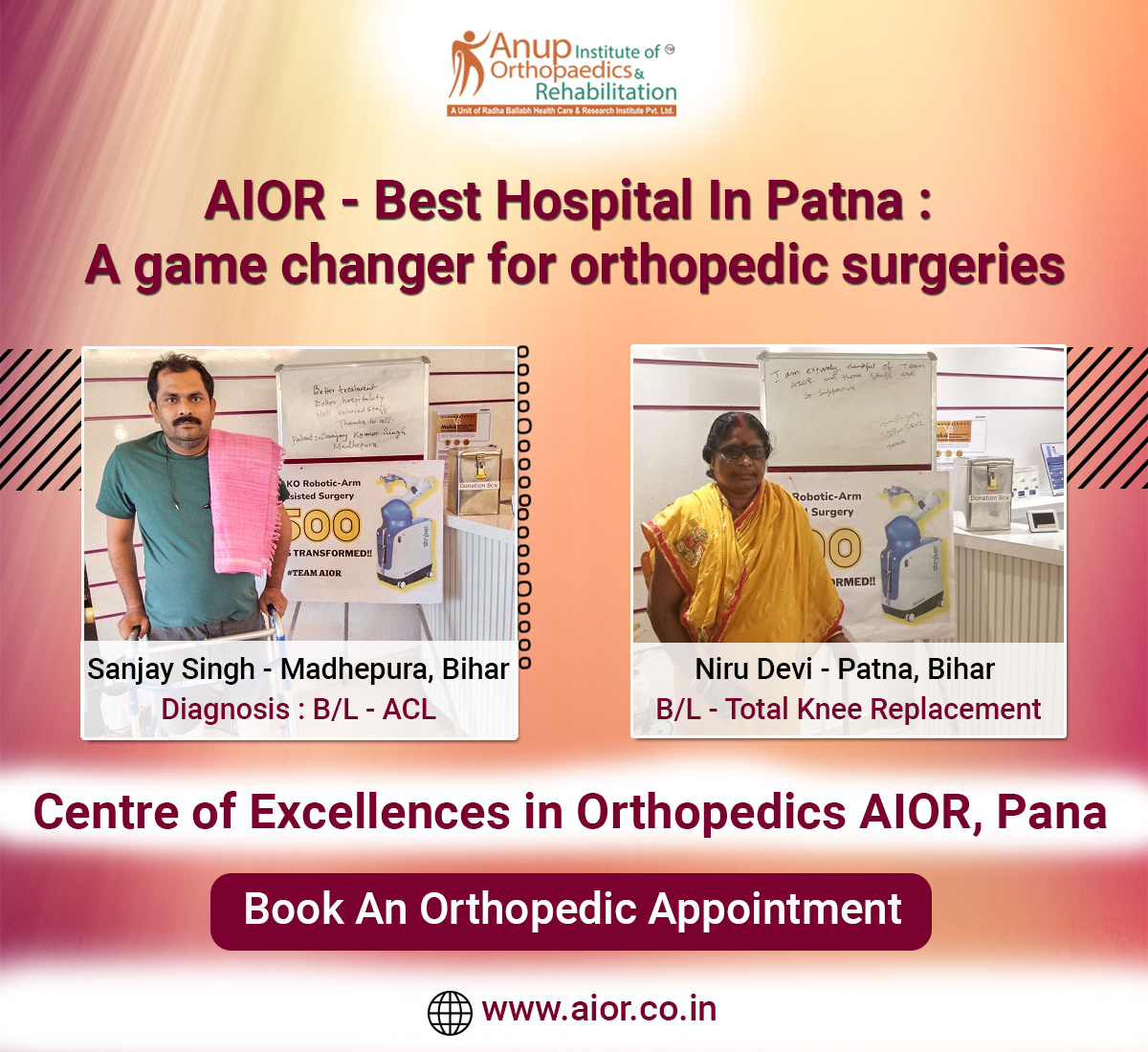 AIOR - Best Hospital In Patna : A game changer for orthopedic surgeries 

#aclsurgeryinpatna #kneereplacementsurgeryinpatna #totalkneereplacement #bestorthopedichospital #orthopedichospitalinpatna #kneereplacements  #kneereplacementsurgery #totalhipreplacement