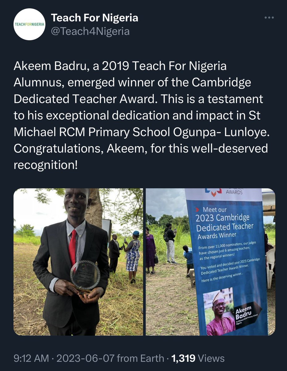 BankolePh's tweet photo. “Mr Akeem Badru of St Michael School Abeokuta won the Cambridge dedicated teacher award. Many Nigerians do not know this happened, but we are busy giving national awards to those who have stolen the country dry.” @PeterObi 1/2 
https://t.co/s59V5YqHpI https://t.co/sicpF8ItXE