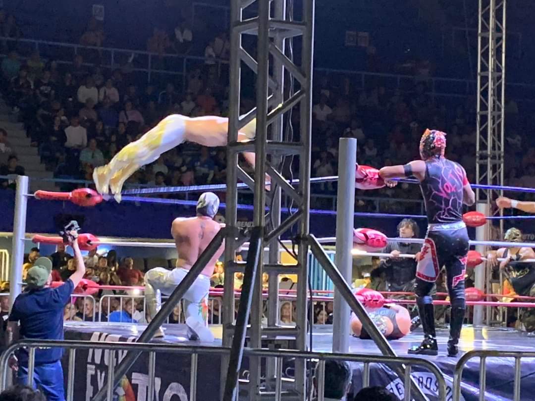 LaTijeraLucha's tweet photo. La noche en el #GimnasioJuanDeLaBarrera se empieza a tornar oscura en el ring de #NewExotic, con un triunfo sorpresivo de #AlasDeOro, #AlasDePlata y #Voltio #MochoCotaJr, #BelicoI y #BelicoII y no fue la única sorpresa, ya que llegan los elementos de #TheWolfKing, lidereados... https://t.co/duT28hNvCj