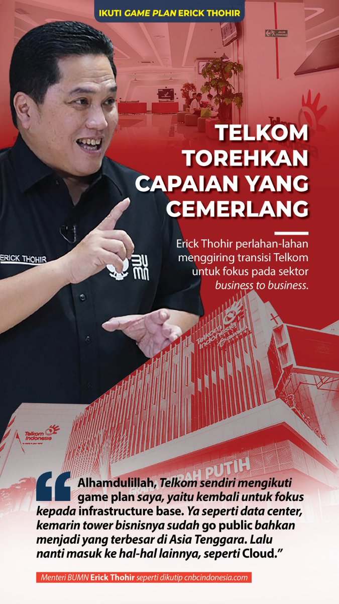 Kembali untuk fokus kepada infrastructure base,
Telkom torehkan capaian yang cemerlang.📈

Pak <a href="/erickthohir/">Erick Thohir</a> perlahan menggiring transisi Telkom untuk fokus pada sektor "business to business".📝

#GanjarErickDuetTerbaik 
google.com/amp/s/www.cnbc…