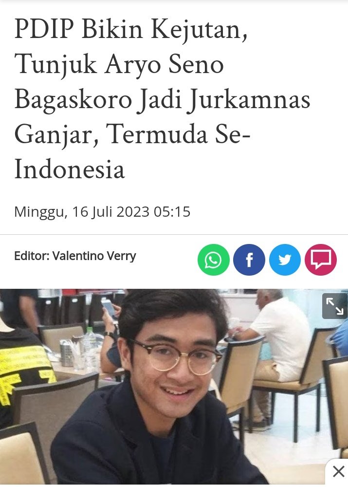 Timses muda siap menangkan Ganjar.
Menuju hattrick.🤟

Bikin Kejutan, Selain menunjuk Muhammad Zinedine Alam Ganjar, dan Gibran Rakabuming Raka, PDIP Juga Menunjuk Aryo Seno Bagaskoro Jadi Jurkamnas Ganjar, Termuda Se-Indonesia.
#TerusMajuBersamaGanjar
wartakota.tribunnews.com/amp/2023/07/16…