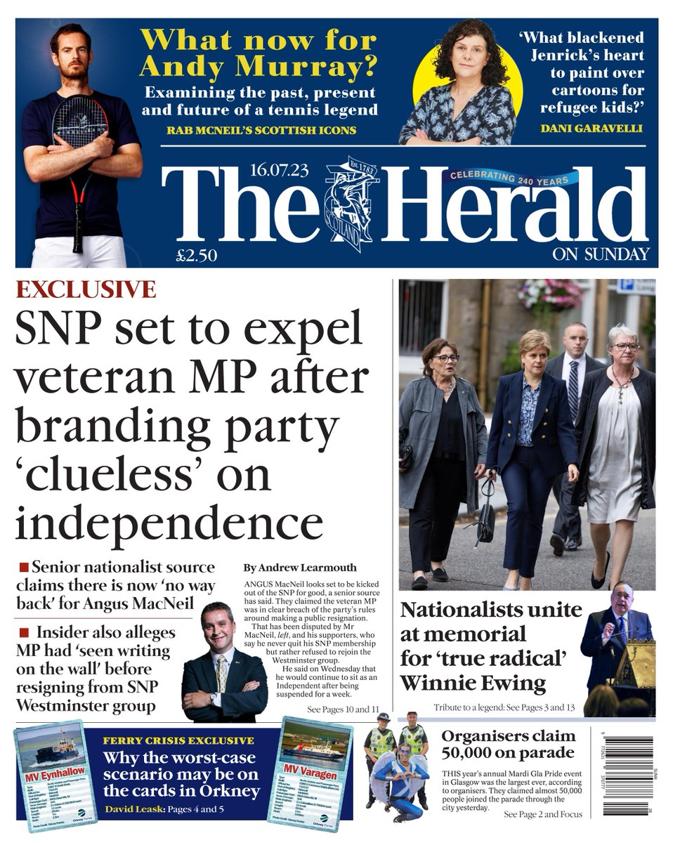 Here’s a look at today’s front page of The Herald on Sunday. Are the SNP and Angus Macneil about to part ways? (1/4)

Subscribe here for exclusive access: heraldscotland.com/subscribe and #BuyAPaper