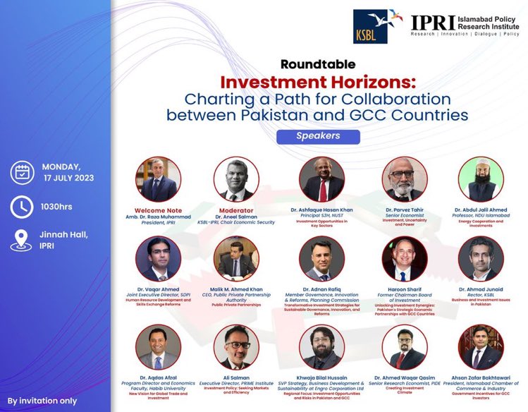 AqdasAfzal's tweet photo. Looking forward 2 speaking at this important RT on economic policy &amp; #Investment @IPRI_Pak chaired @AmbDrRaza &amp; curated  @SalmanAneel. #Pakistan 🇵🇰 #GCC. @GovtofPakistan @OfficialDGISPR @GCCSG Delegates @DefiningFutures @SDPIPakistan @PlanComPakistan @ksblpakistan 
@eagpakistan. https://t.co/OEH7ZTjzZR