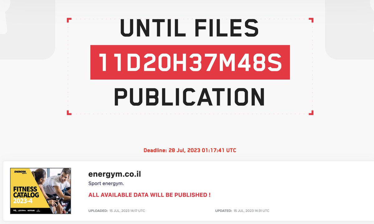 ramlevi's tweet photo. קבוצת  Lockbit מפרסמת שתקפה את energym (אנרג'ים ספורט) שעוסקת בייבוא ושיווק של מותגי ציוד ספורט וכושר.
Lockbit פועלת מ-2019, במודל כופרה כשירות (RaaS). שיטת הפעולה: גניבת מידע, הצפנה, דרישת כופר, ואיום לפרסם את המידע אם לא ישולם כופר.
Lockbit לא פרסמה כמה ואיזה מידע יש ברשותה. https://t.co/4wyNTuHe7G