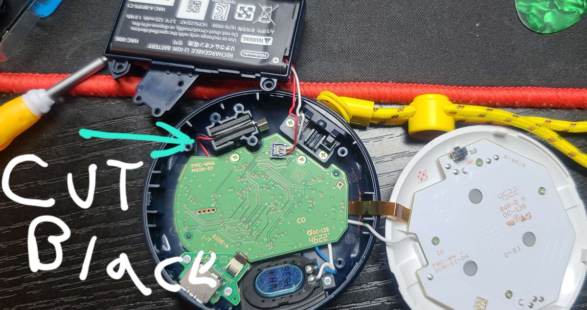 Want true silent mode for your #GoPlusPlus? Remove the screws at bottom. Use a pin to push up the top. Use something thin to undo the latches. Then cut the black wire behind the motor. Want it back? Strip the black wire ends and tape them together! Enjoy! #pokemongo #pokemonsleep