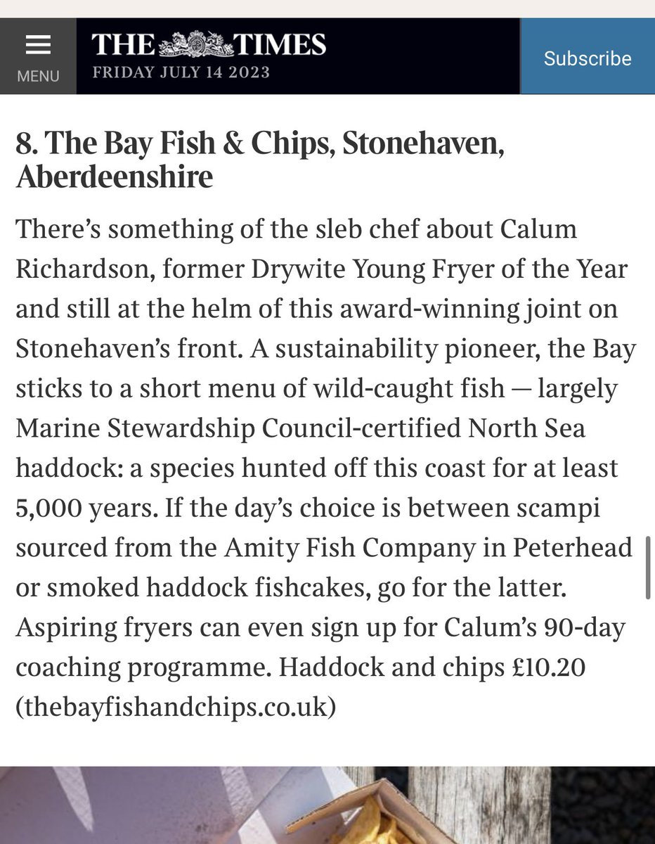 Nice mention for @CalumRichardso1 and Teambay in todays @thetimes top 18 fish & chips in uk