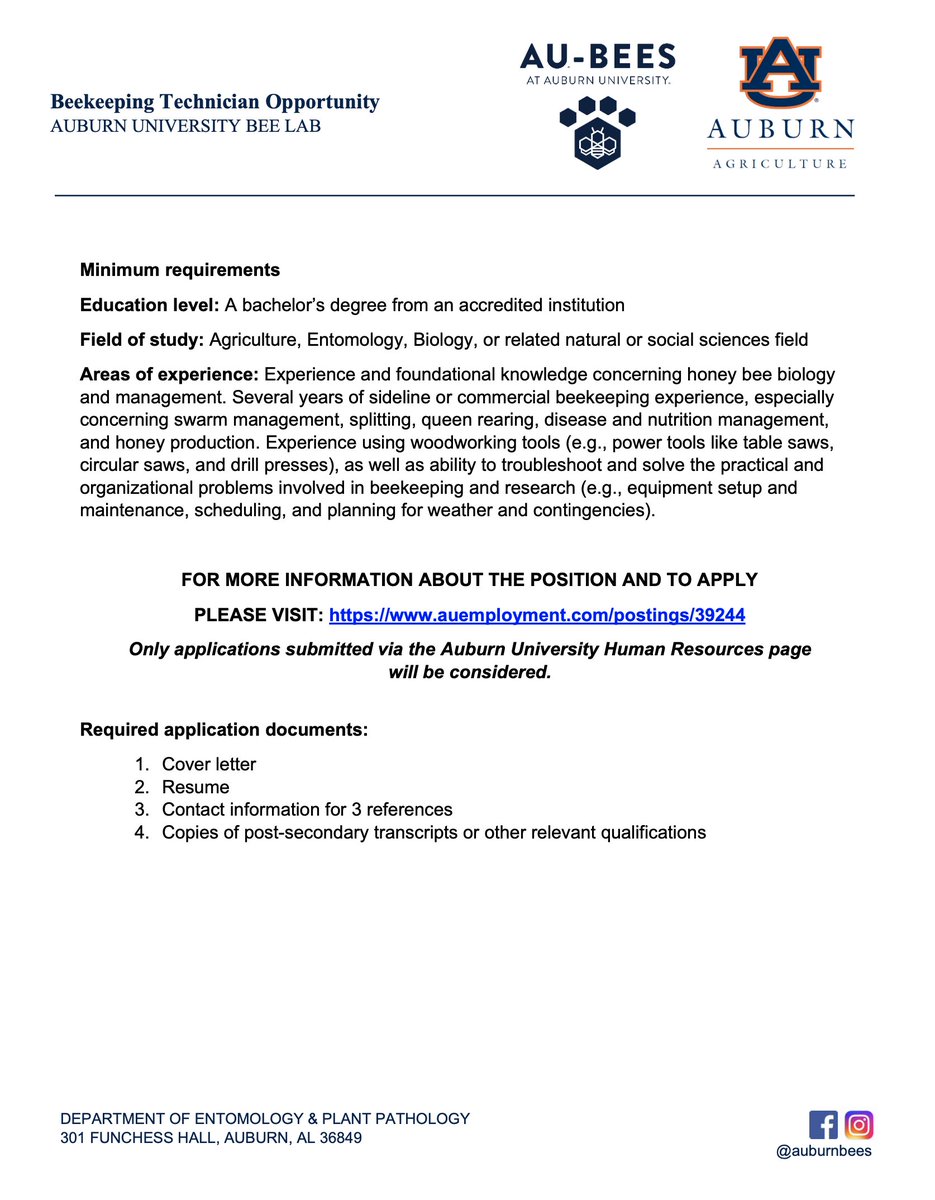 Michael Smith (@smithbeelab) on Twitter photo 🚨 JOB ALERT!!! 🚨
The AU Bee Lab (led by Geoff Williams) is hiring a bee technician!  
They're a good crowd of bee peeps, happy to answer any Q's about bees/life in Auburn. 
Apply here: auemployment.com/postings/39244 🚨 JOB ALERT!!! 🚨
The AU Bee Lab (led by Geoff Williams) is hiring a bee technician!  
They're a good crowd of bee peeps, happy to answer any Q's about bees/life in Auburn. 
Apply here: auemployment.com/postings/39244