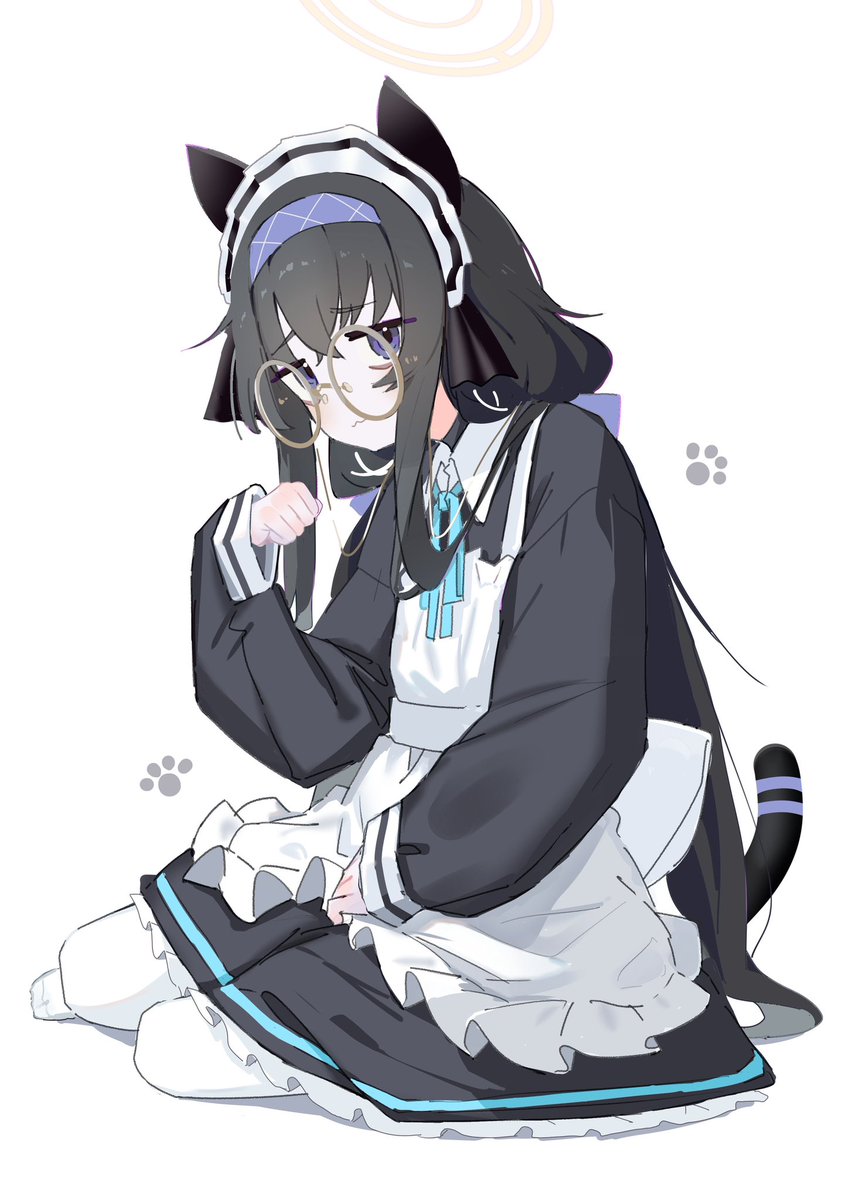 ui (blue archive) 1girl round eyewear black hair long hair maid apron glasses  illustration images