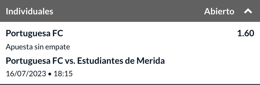 Apuesta gratuita:

Liga Futve ⚽️🇻🇪

Portuguesa apuesta sin empate.

Cuota: 1.60

Excelente cuota pensando que mañana Portuguesa va de local donde probablemente veremos un estadio lleno, le tengo mucha fe a este pick. 

Apuesta con responsabilidad. 🧠