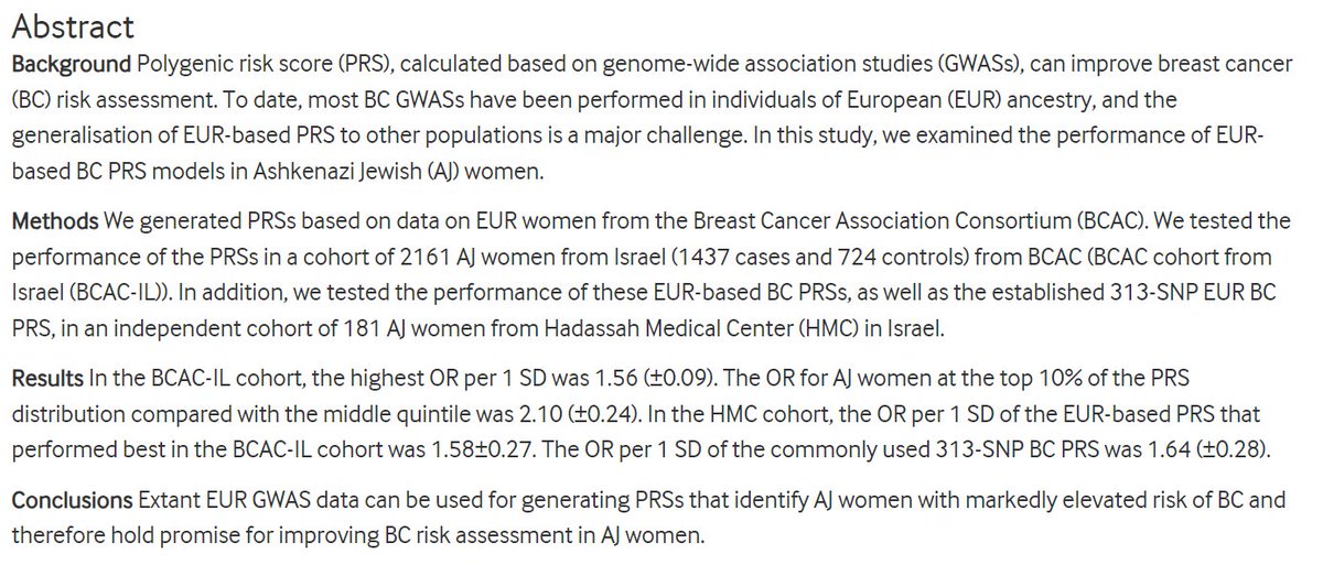 ShaiCarmi's tweet image. Happy to share a new paper:
&quot;Evaluation of European-based polygenic risk score for breast cancer in Ashkenazi Jewish women in Israel&quot;
jmg.bmj.com/content/early/…
Thread-&amp;gt;