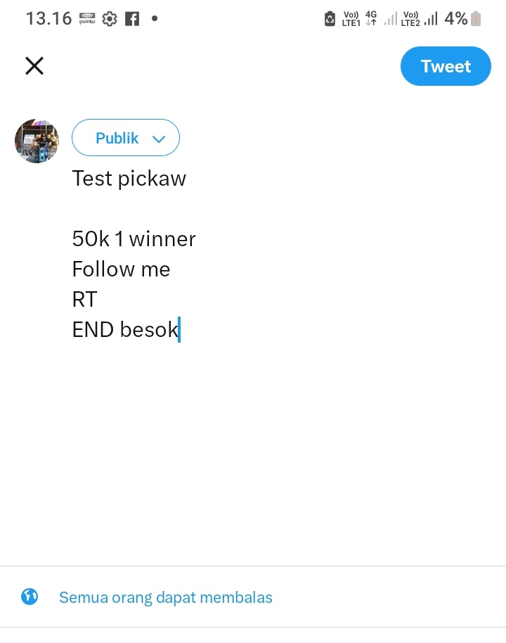 Test pickaw

50k 1 winner
Follow me
RT
END besok 🛸

Batre hp mu masih full??

Batre hp ku sisa 4%,lampu matek pisan. Tetap semangat walopun layar hp redup 😂