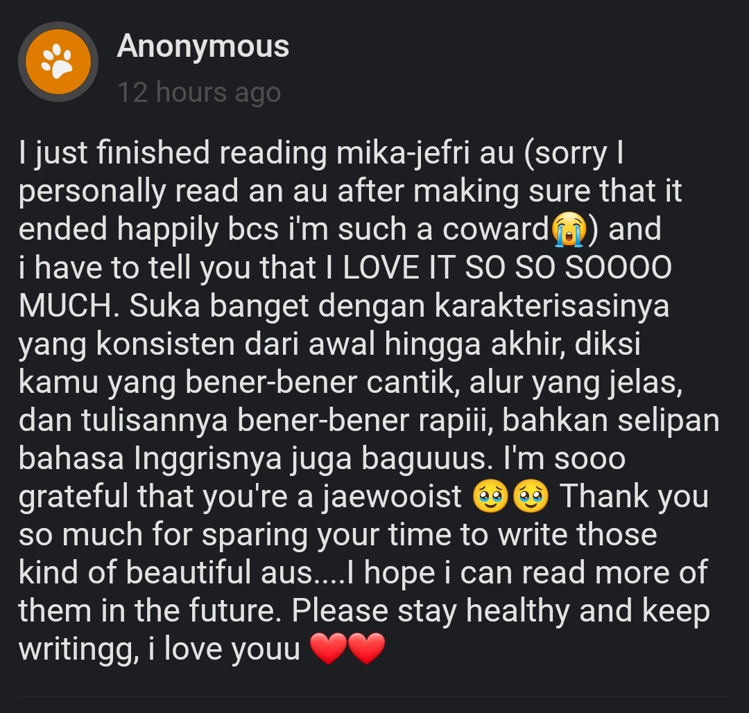 I just finished reading mika-jefri au (sorry I personally read an au after making sure that it ended happily bcs … — Anon kamu baik bangeet thank you for saying good things to me this means a lot, really. Sampe terharu bacanyaaa a… curiouscat.live/jungwoobrot/po…