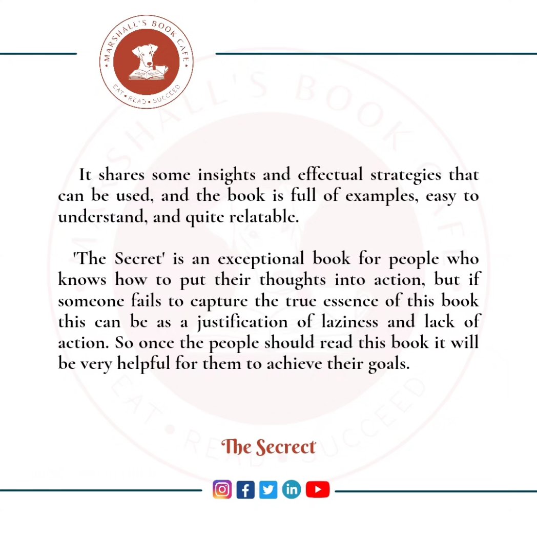 marshallsbookc1's tweet photo. Book Review: 09 

Book Name: The Secret
Author: Rhonda Byrne
Published By: Atria Books Beyond Words Publishing
Language:English
Review By: @rudh_2000

Please go ahead if anyone wants to write a book review regarding any book in our cafe.

#marshallsbookcafe https://t.co/gLUGWE6VrX