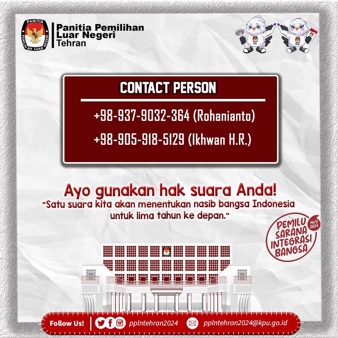 pplntehran2024's tweet image. Doorprize dan Suvenir Menanti Pemilih!
 Agenda Acara: 
- Pemutaran video imbauan Duta Besar LBBP RI mengenai Pemilihan Umum Tahun 2024;
- Tahapan-tahapan Pemilu;
- Tanya jawab ;
- Doorprize.

"Mari kita sukseskan Pemilihan Umum Tahun 2024 sebagai sarana integrasi bangsa!“

#ppln
