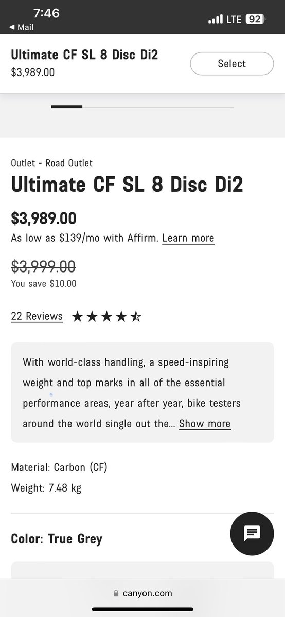⁦<a href="/canyon_bikes/">Canyon Bicycles</a>⁩ - please tell me this is a typo. Advertising this bike in your “outlet sale” for $10 off?  That’s 1/4 of 1%.  Really?  Kind of insulting no? I’ve been eying a canyon for a year now but this makes me wonder ….