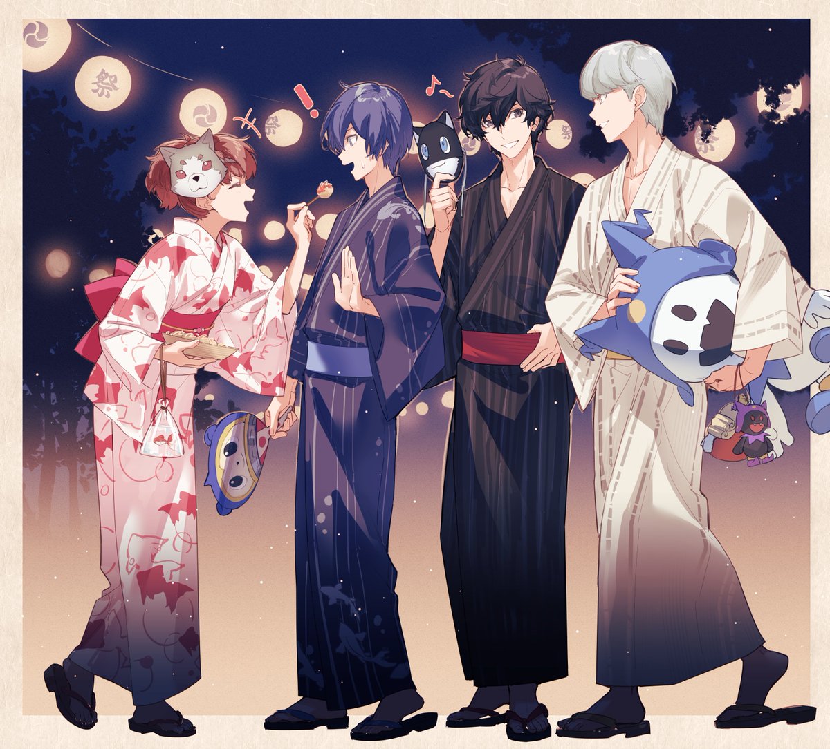 amamiya ren ,narukami yuu ,yuuki makoto japanese clothes yukata kimono 1girl multiple boys mask black hair  illustration images