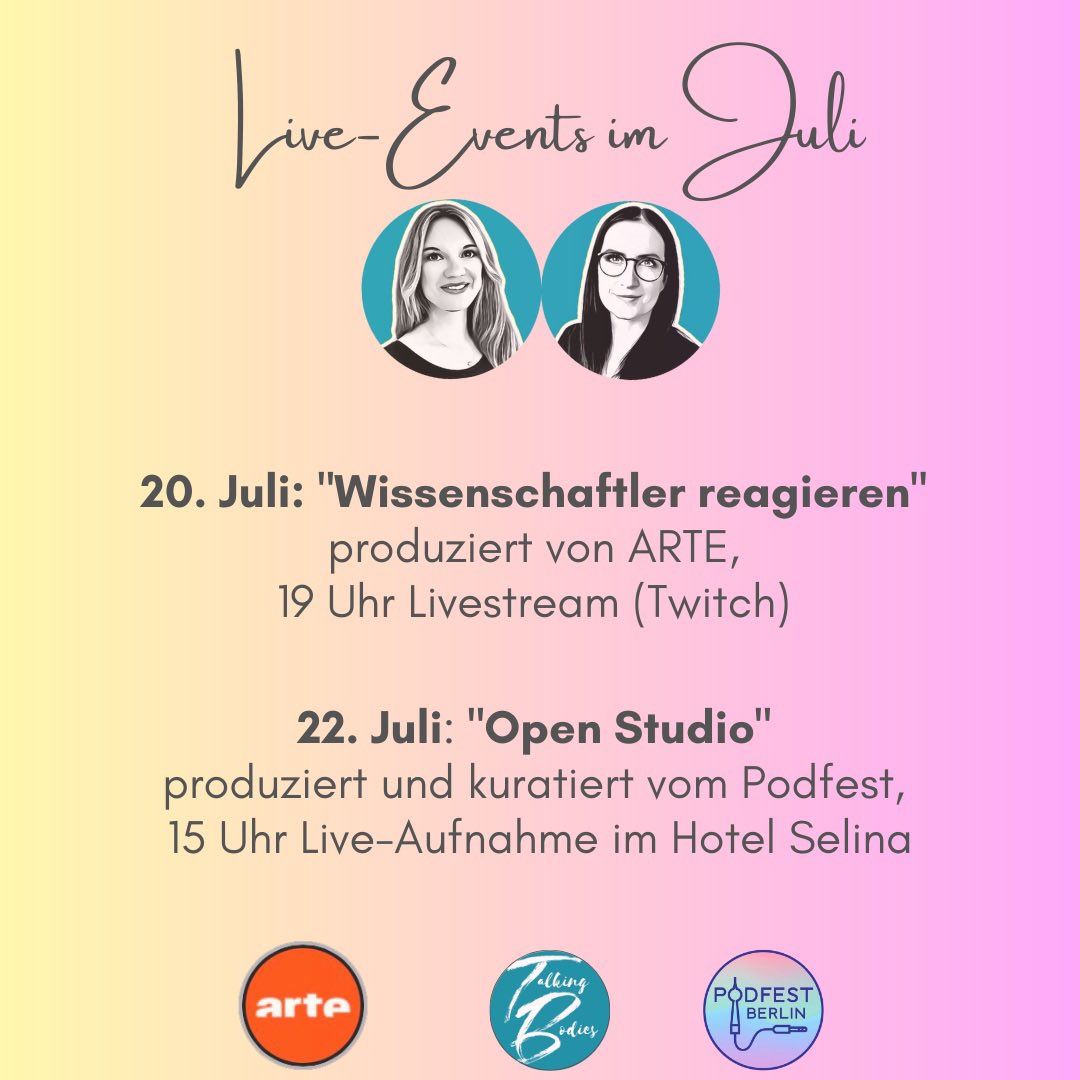 Wir sind im Juli bei spannenden #wisskomm Veranstaltungen dabei. 🎉 Schaltet ein auf <a href="/ARTEde/">ARTE</a> m.twitch.tv/arte_tv/home und kommt vorbei im Selina in Berlin <a href="/Podfest_Berlin/">Podfest Berlin</a>. Tickets gibt's hier: podfestberlin.com/de/event-detai…