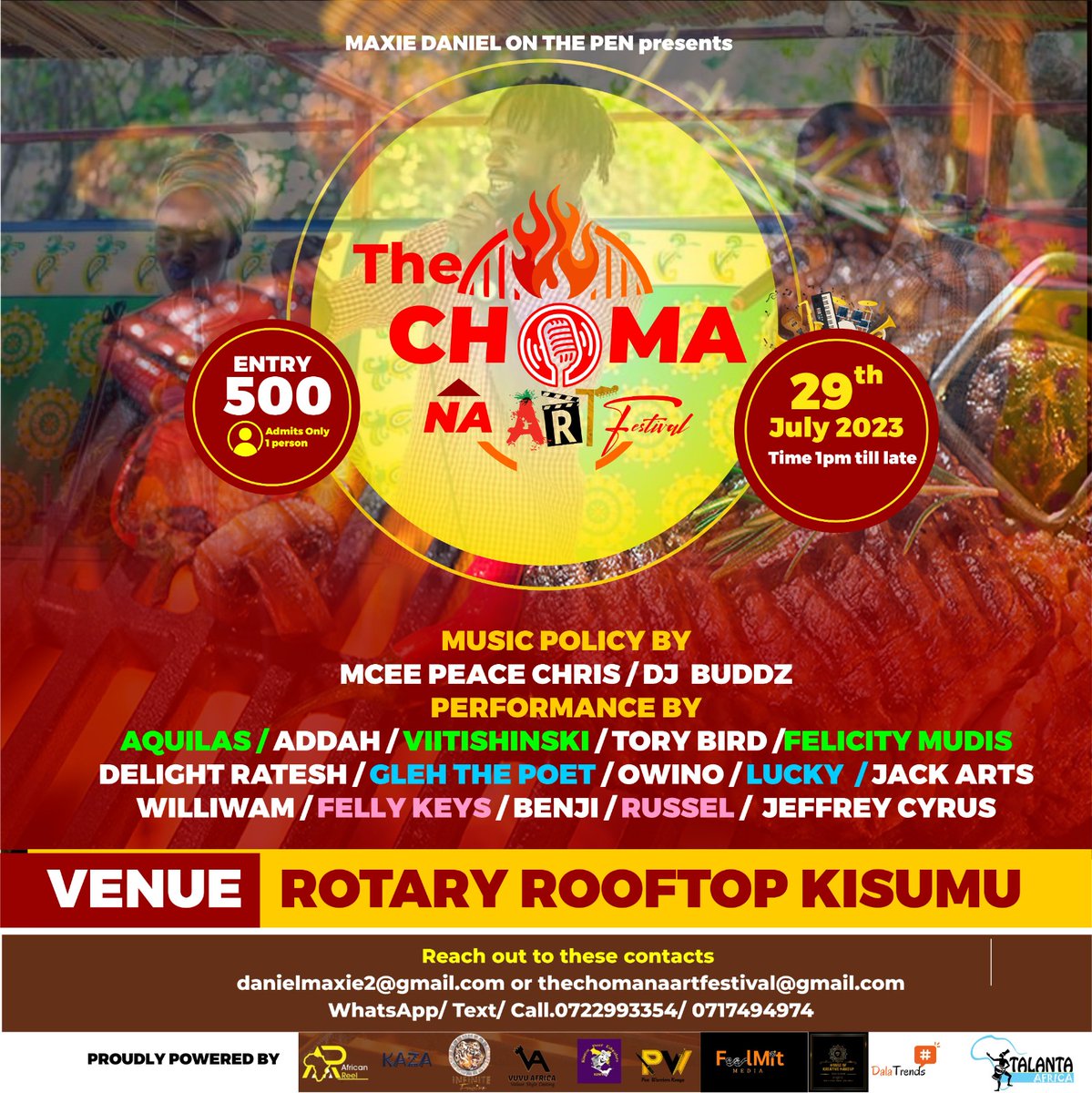 Ras_Buddz's tweet photo. Greetings,Maxie Daniel On The Pen presents The Choma na Art Festival. An event curated for food and art lovers to come together and enjoy Nyama Choma na while listening to Kisumu's best artists.
Charges are only 500/=
Date:29th July 2023 
Dress code:Touch of Kitenge/ Ankara https://t.co/7qtytWjeyz