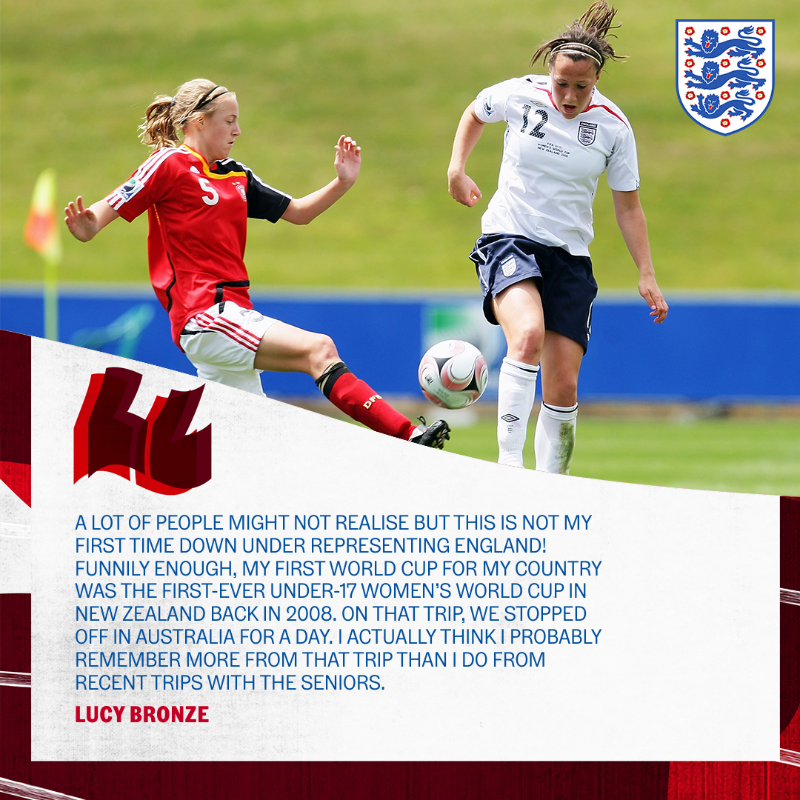 Lionesses's tweet photo. Next up in our special #FIFAWWC series: @LucyBronze

Having enjoyed a quick stop in Australia during her first World Cup experience with the #YoungLionesses back in 2008, Lucy discusses her memories of the trip and her excitement to learn more about the culture this time around.