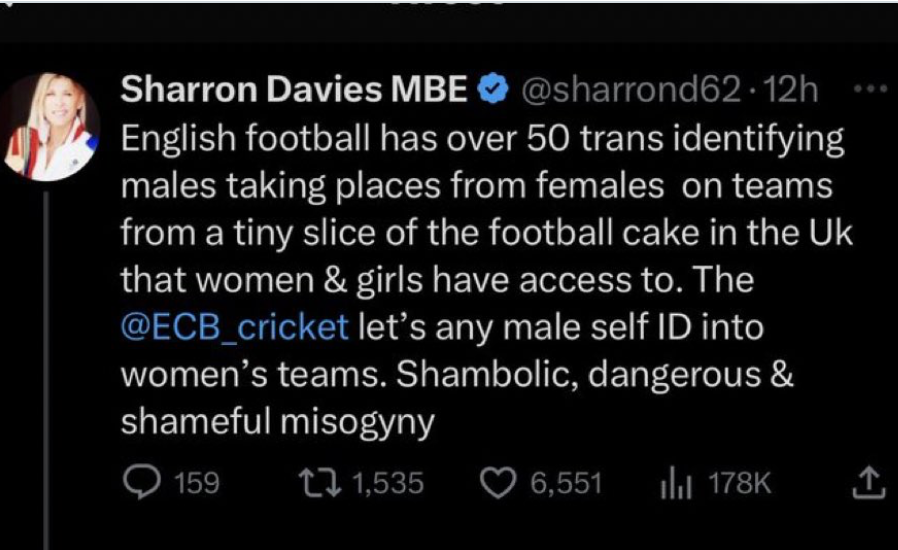 If you see this tweet by former-swimmer Sharron Davies please be aware that there are 176k cis women involved in this country's football association and 50 trans women (trans identifying males is a transphobic buzzphrase). That means 0.02% of women involved are trans women.