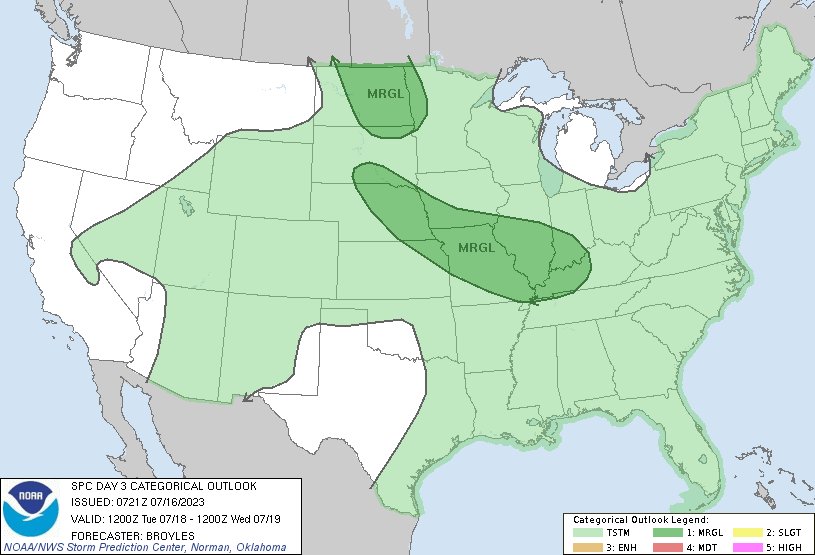 SPC Jul 16, 2023 0730 UTC Day 3 Severe Thunderstorm Outlook SPC 0730Z Day 3 Outlook

Day 3 Convective Outlook  
NWS Storm Prediction Center Norman OK
0221 AM CDT Sun Jul 16 2023

Valid 181200Z - 191200Z

...THERE IS A MARGINAL RISK OF SEVERE THUNDERSTORM… https://t.co/DoPYjLT01l https://t.co/cvplxpHue2