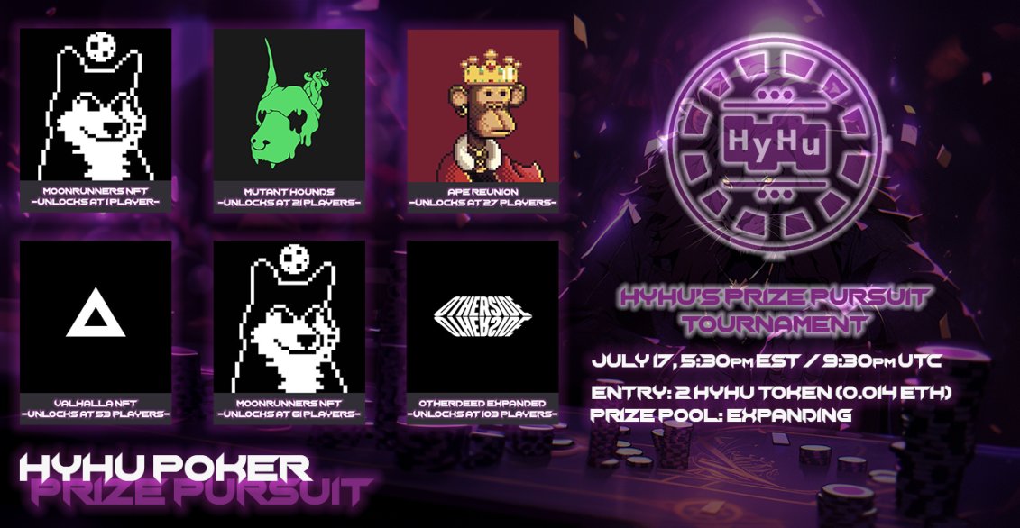 🃏HyHu's Prize Pursuit🃏

⏰Monday 5.30pm EST
🎟️Entry 2 HyHu Tokens
🔗hyhupoker.xyz
🖥️Full details in our discord: discord.gg/GkM5UKbm
🏆Prize Pool Details Below
